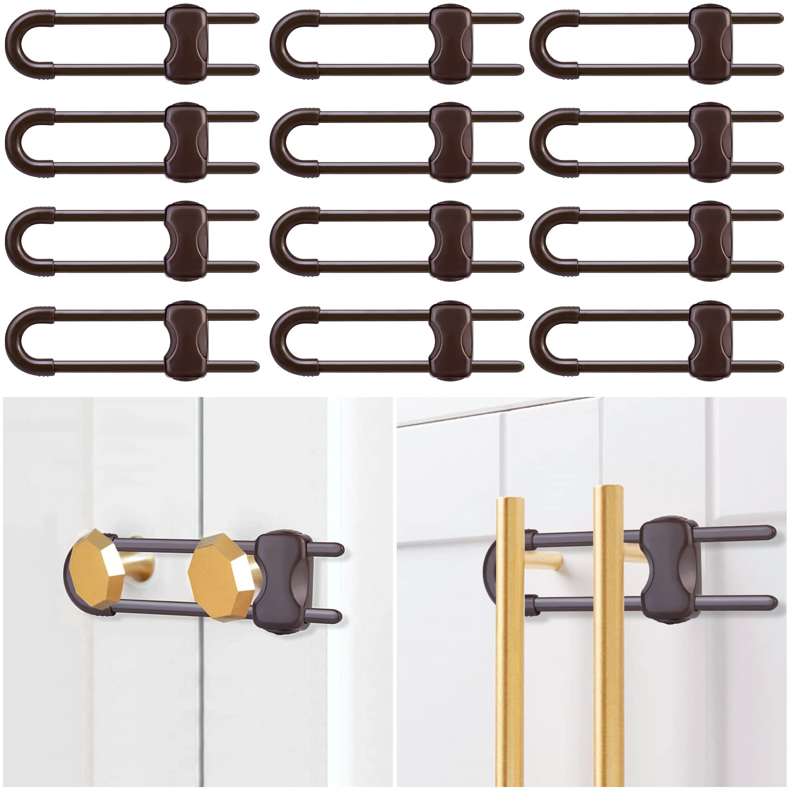 Photo 1 of 12 Packs Baby Proofing Sliding Cabinet Locks modacraft U-Shaped Child Safety Latches Adjustable White Locks for Handles Knobs Drawers Closet Cupboard - Brown