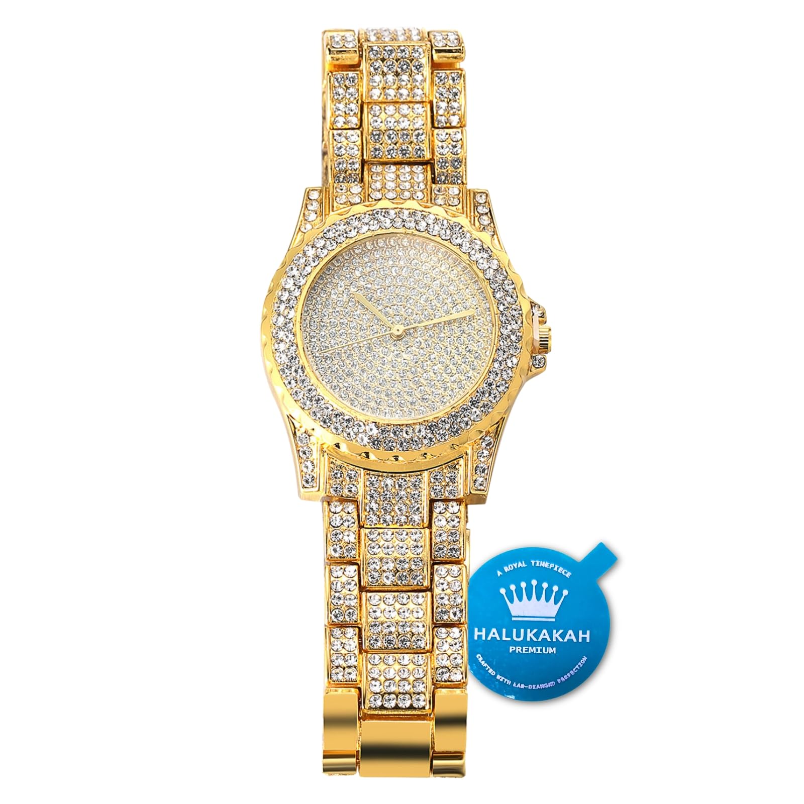 HALUKAKAH Gold Watch Iced Out,Men's 18k Real Gold Plated Quartz Wristband 8.7"(22cm),Full Cz Diamonds,Free Giftbox
