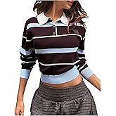 MakeMeChic Women's Striped Sweater Button Collared Long Sleeve Knit Y2k Pullover Tops