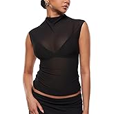 INLYRIC Women's Cosnufy Mesh Sheer Mock Turtle Neck Tank Tops See Through Sleeveless Sexy Summer Going Out Tops