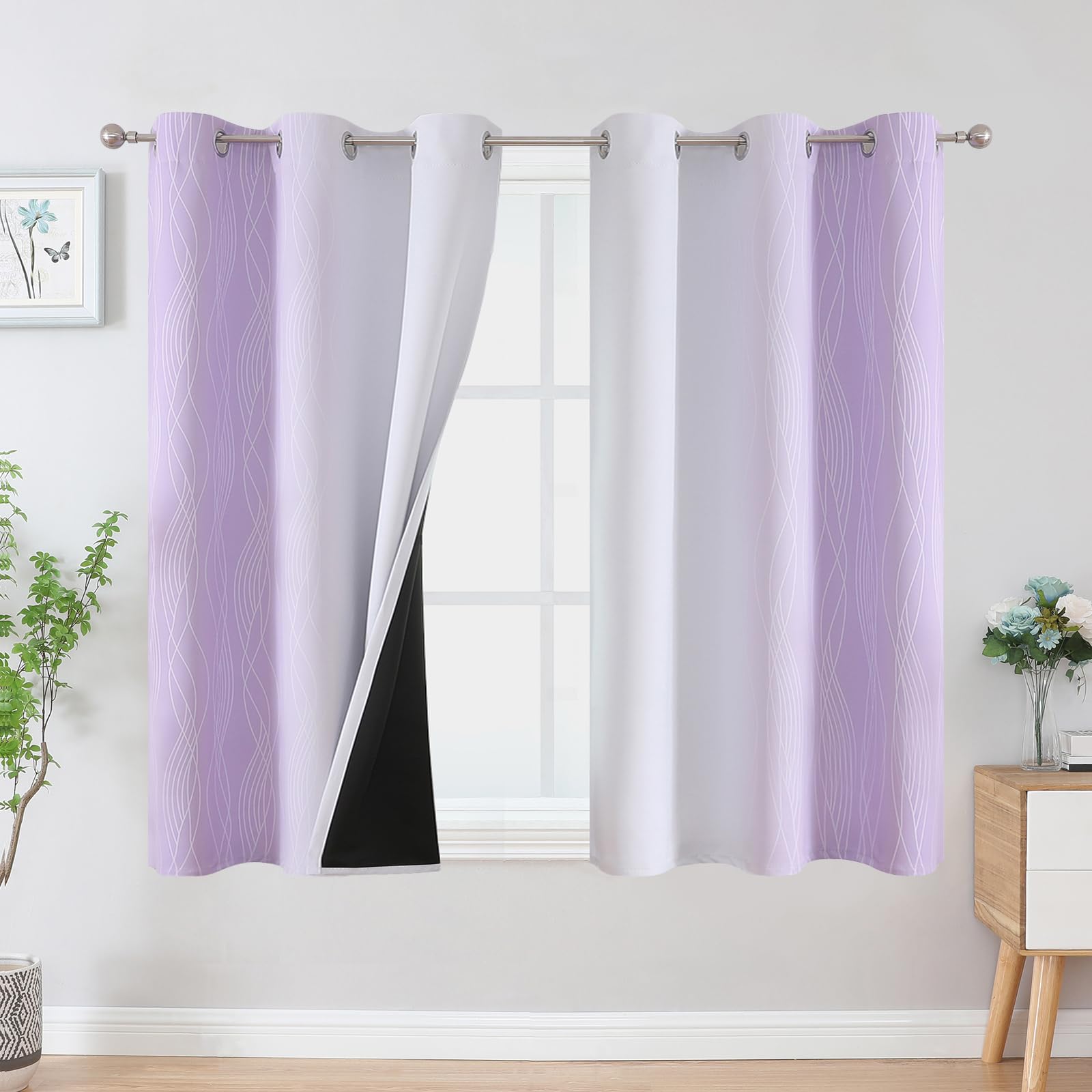 VEHEDE Lilac and Greyish White Gradient Blackout Curtains 54 Inch Drop for Bedroom, Wave Stripe Thermal Insulated Printed Ombre Room Darkening Drapes for Living Room, W42 x L54 Inch, 2 Panels