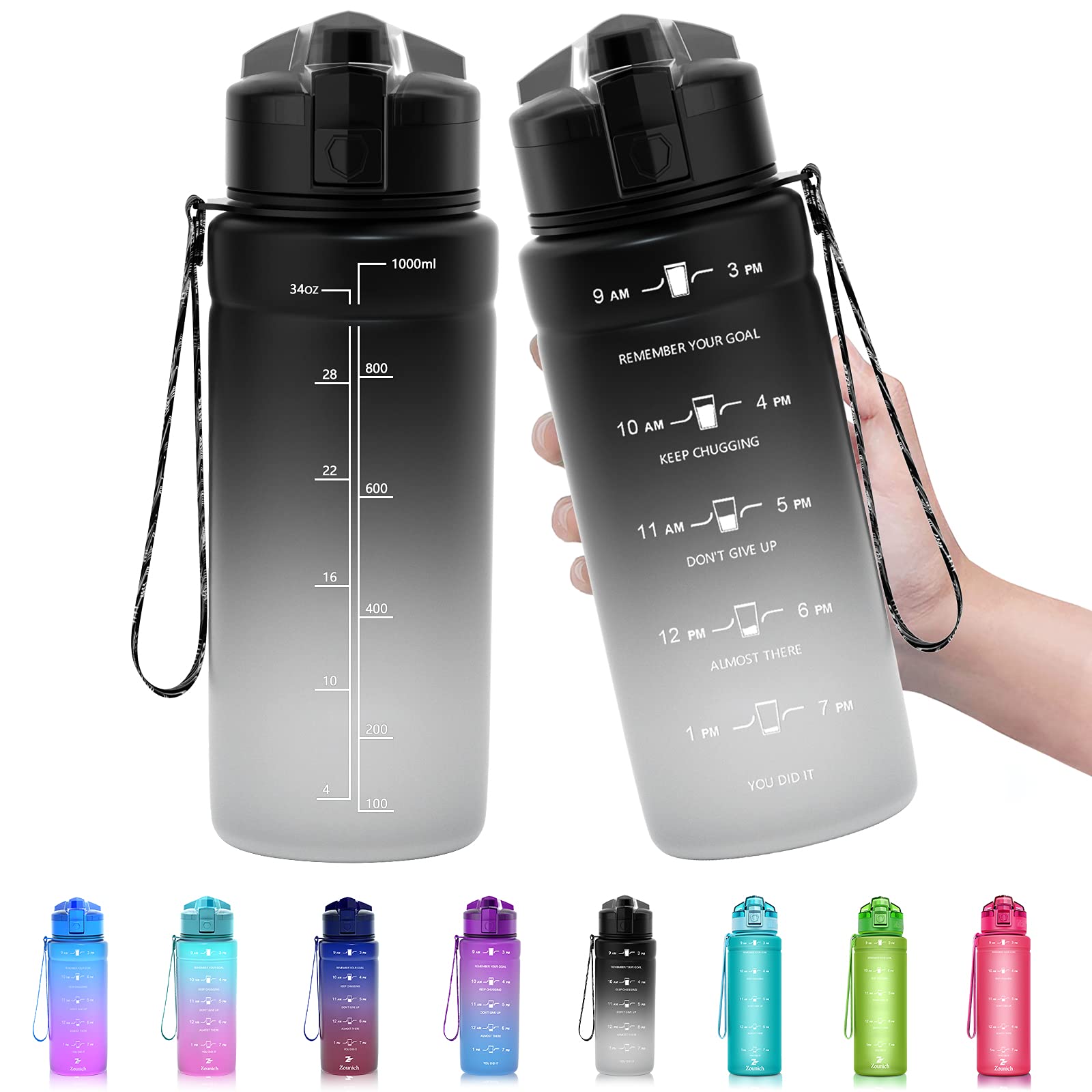 Zounich Sports Water Bottle Kids with Times to Drink Leakproof 1L / 700ml / 500ml 1Litre Drink Bottles BPA Free Motivational Adults, Gym, School, Running, Travel, Girls, Boys Filter Reusable — image 1