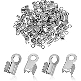 Vin Beauty 100 Pieces Fold Over Cord Ends Stainless Steel Cord Crimp End Tips Fold-Over End Caps Leather Ribbon Ending Clasp Tips Connectors for Jewelry Making 3 x 8 mm, Silver, 589813_1_Msy503deP