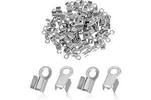 Vin Beauty 100 Pieces Fold Over Cord Ends Stainless Steel Cord Crimp End Tips Fold-Over End Caps Leather Ribbon Ending Clasp Tips Connectors for Jewelry Making 3 x 8 mm, Silver, 589813_1_Msy503deP