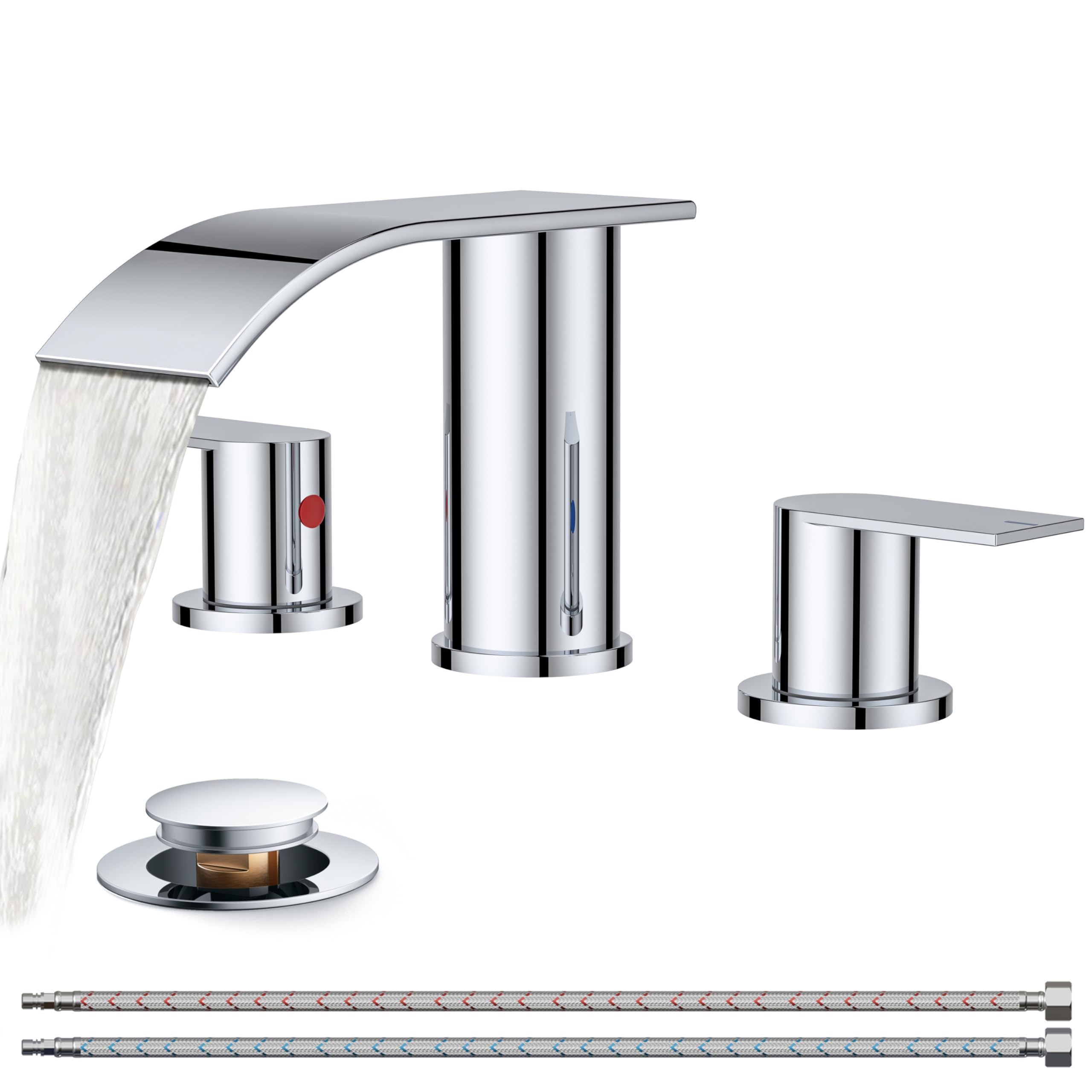 FORIOUS Upgrade Chrome Waterfall Bathroom Faucets 3 Hole, 8 Inch Widespread Modern Bathroom Sink Faucet with Metal Pop-up Drain and Supply Lines, Two Handles for Vanity, Farmhouse, Remodel Image