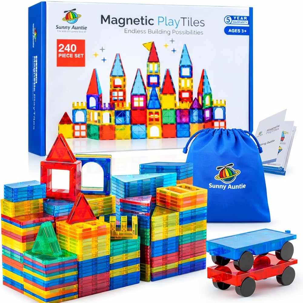 Sunny Auntie Magnetic Tiles 240 PCS XL Set with Storage Bag Kids 3-8