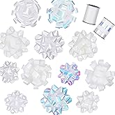 14 Pcs Gift Bows Assortment - Assorted Size Gift Bows and 2 Crimped Curling Ribbons, Perfect for Christmas, Holiday, Party (White)