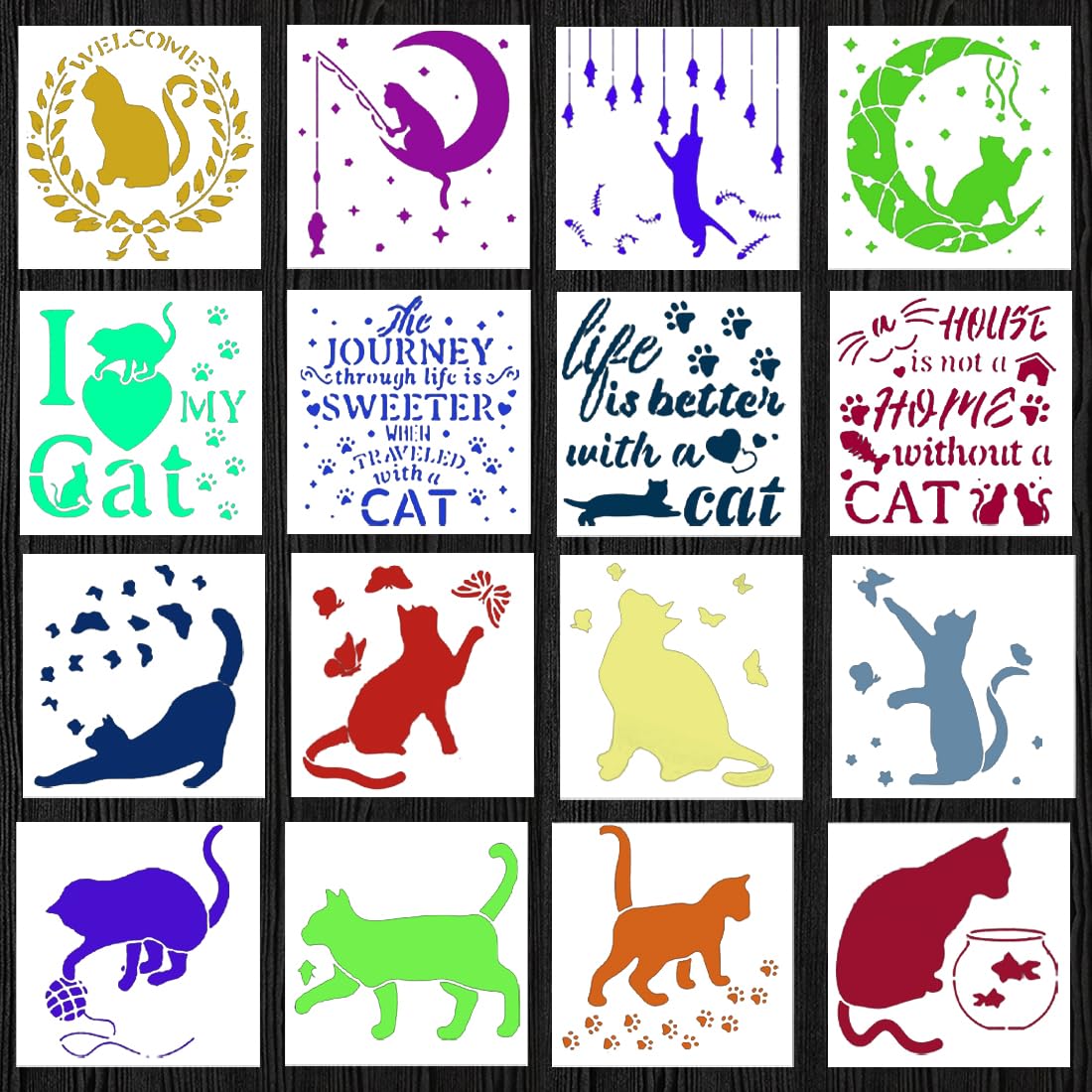 Voyyphixa 16 Pieces Cat Stencil for Painting Reusable Cat Butterfly Stencils Moon Cat Stencils for Painting on Wood for DIY Crafts Ornament Scrapbook Sign Shirt Canvas