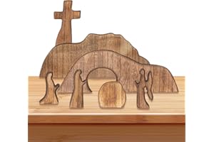 HATINXIA Empty Tomb Easter Scene Decoration – Handmade Wooden Resurrection Cross Set with Figures & Stone, Religious Easter T