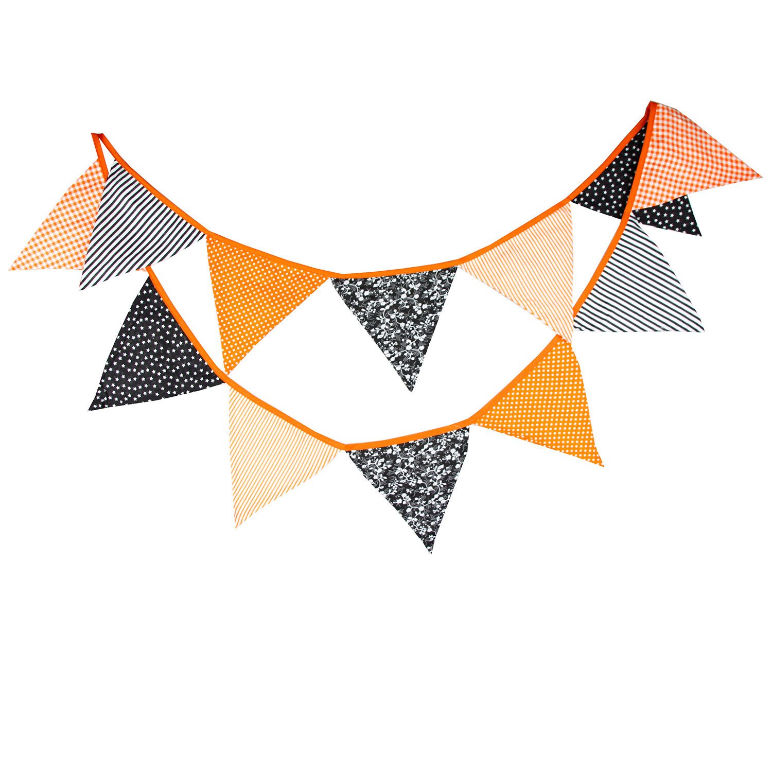 Lucky Shop1234 Halloween Vintage Cotton Fabric Buntings Garlands 12 Flags Halloween Party Decoration Orange Banner Pennant Rustic Hanging Decor 10.5 Feet (001)