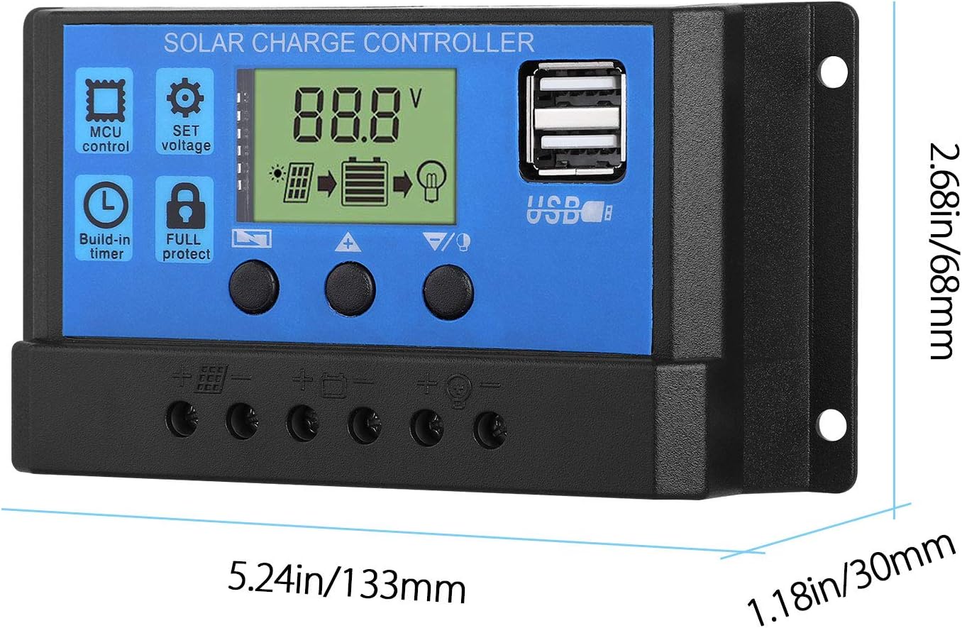 EEEKit 20A Solar Charge Controller, Solar Panel Battery Intelligent Regulator 12V/24V, Multi-Function Adjustable LCD Display with Dual USB Port Timer Setting PWM Auto Parameter : Garden & Outdoor