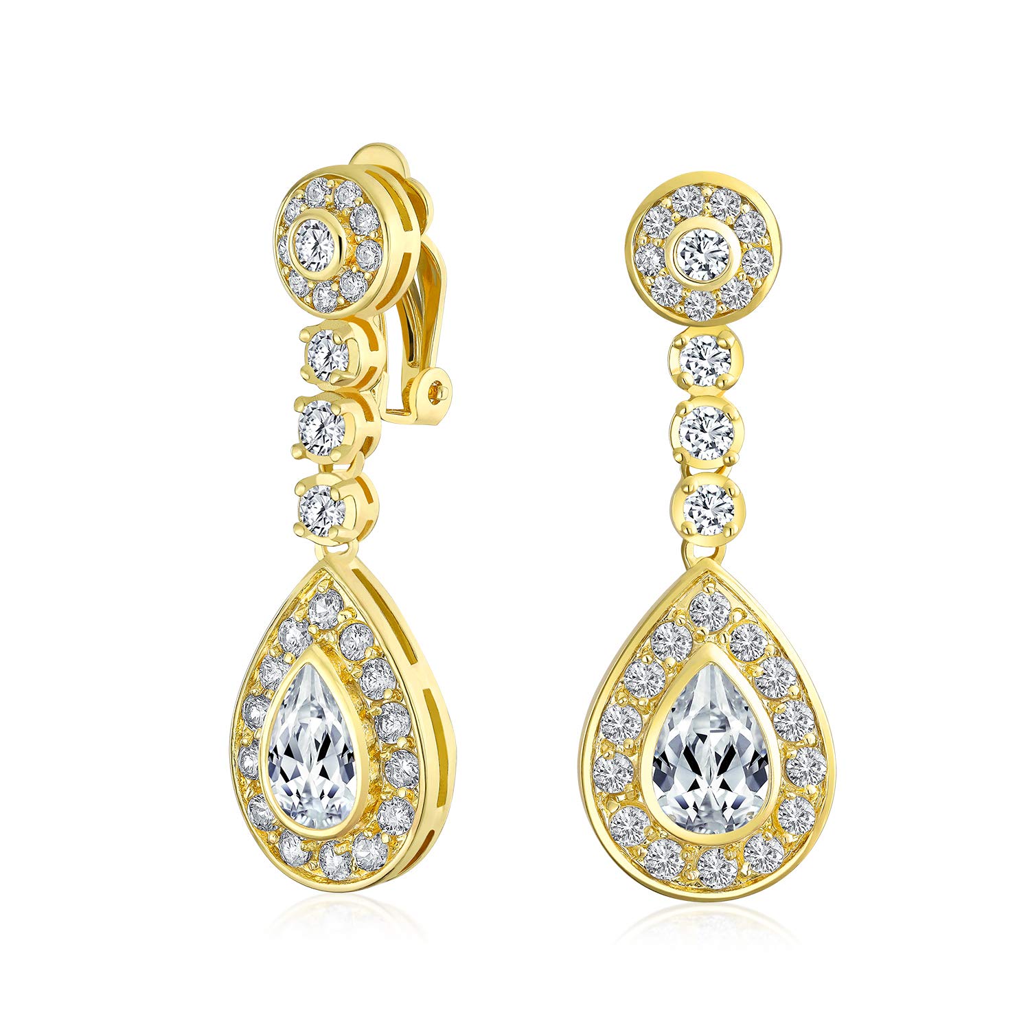 Teardrop Halo Cubic Zirconia Pave CZ Dangle Prom Statement Clip On Dangle Earrings For Women Gold Plated Brass