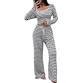 Pajamigols Pajamas for Women Set 2 Piece Stripes Lounge Sets Square Neckline Fall Travel Vacation Outfits Long Sleeve Pjs