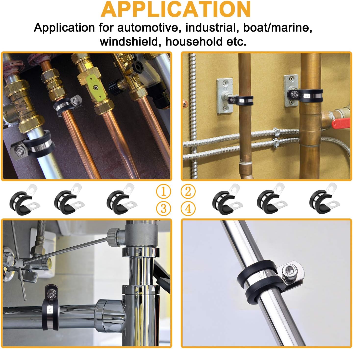 60pcs Cable Clamps Assortment Kit, 304 Stainless Steel Rubber Cushion Pipe Clamps in 7 Sizes 1/4" 5/16" 3/8" 1/2" 5/8" 3/4"1'' - - 