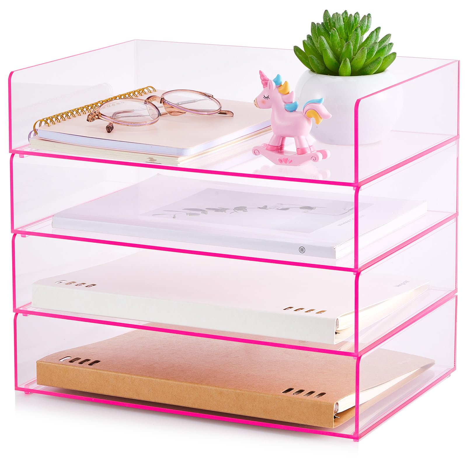 Photo 1 of Harloon 4 Tier Acrylic Paper Tray Paper Organizer for Desk Clear File Organizer 12. 4 x 8. 7 x 2. 7 Inches File Tray for Office Workspace Desktop Storage, No Need to Assemble (Transparent Pink)