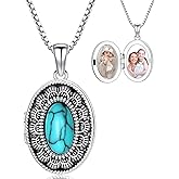 KoyeKei Locket Necklace Sterling Silver Oval Turquoise Flower Pendant Holds Pictures Vintage Style Photos Locket Memorial Jewelry Gifts for Women Men Loved One