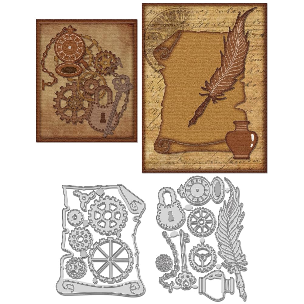 WADORN 2Pcs Steampunk Gear Cutting Dies Cut Stencils, Gear Pen Clock Templated Embossing Die Cuts Set for Scrapbooking Making Retro Writing Tool Metal Die Cuts Cutting Dies for Greeting Cards