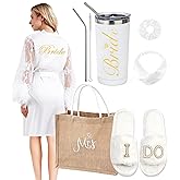 EPLAZA Bride Robe for Wedding Day Set with Slippers Tumbler Tote Bridal Robes Feather Lace Satin Robe for Bachelorette Party