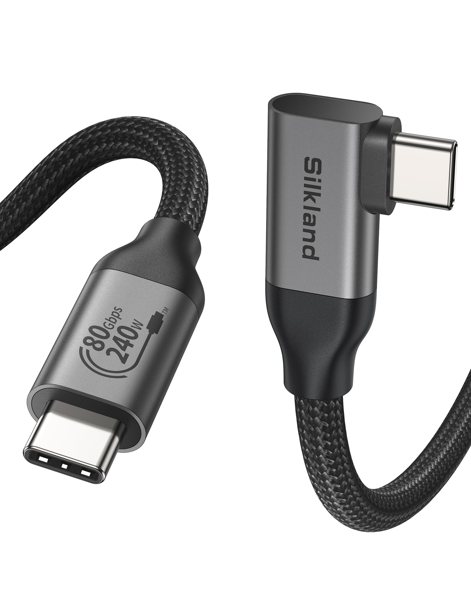 Photo 1 of Silkland 80Gbps Right Angle USB 4 Cable for Thunderbolt 5 Cable 10FT, 120Gbps Bandwidth for 16K/Dual 8K, 240W, 90 Degree Braided USB C Video Cable Compatible Thunderbolt 4/5, MacBook M4 Pro,Dock,eGPU