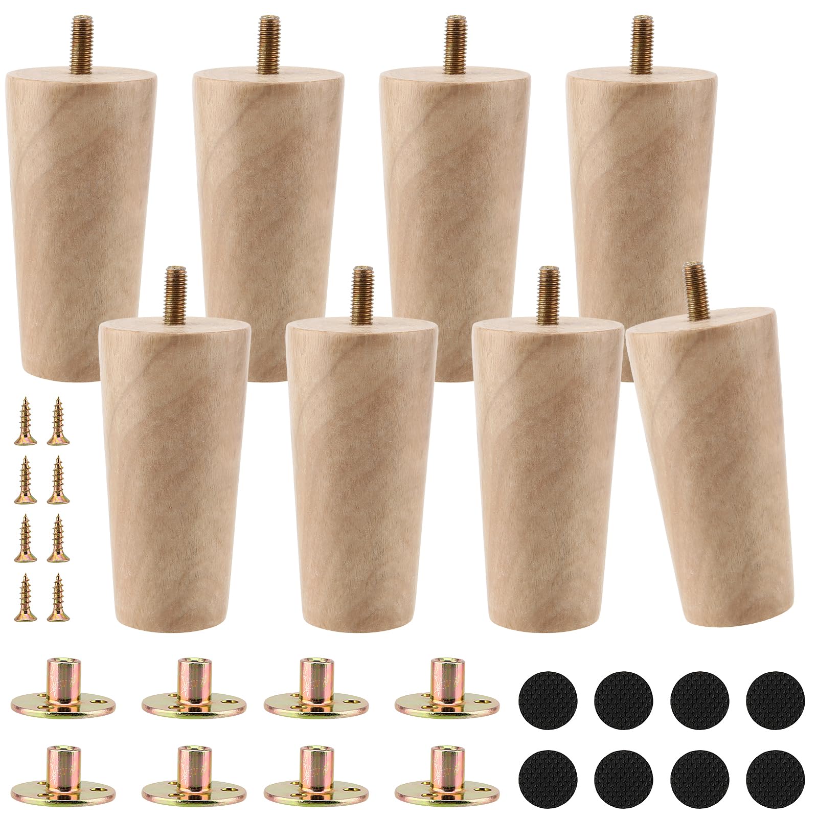 KOHAND 4 Inch Wooden Furniture Leg, 8 Pack Wooden Sofa Legs with Mounting Plates and Screws, Replacement Solid Wood Chair Feet for Armchairs, Couches, Cabinets, Tablels