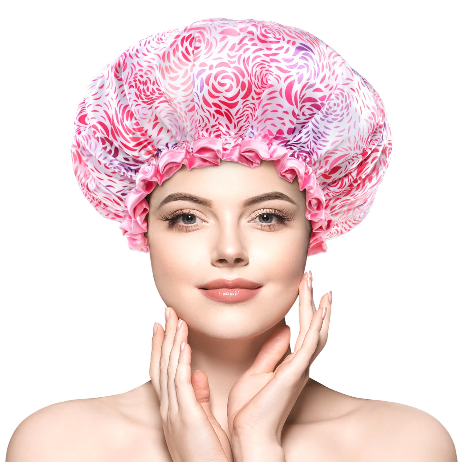 mikimini Large Shower Cap for Women and Girls with Long Thick Hair, Elegant Pink Floral Design, Reusable Waterproof Double-Layered, Perfect for a Romantic Feminine Touch