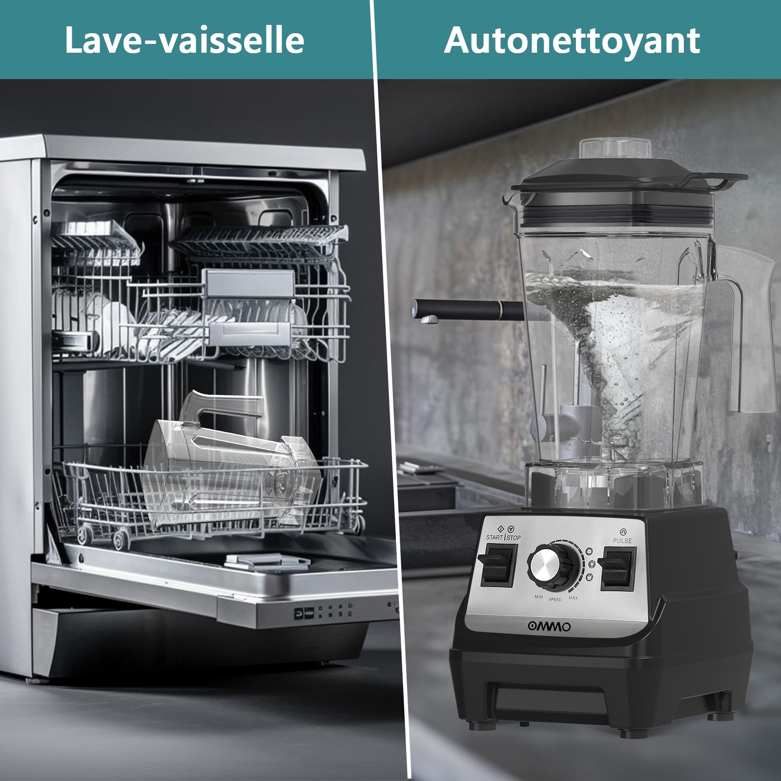 OMMO 1.8L Standmixer Hochleistungsmixer, Mixer Smoothie Maker, 300ml To-Go Becher, 6-Fach Metallmesser, Pulsfunktion, MAX 1800W, Becher BPA Frei, Ice Crusher, Protein Shake Mixer 6