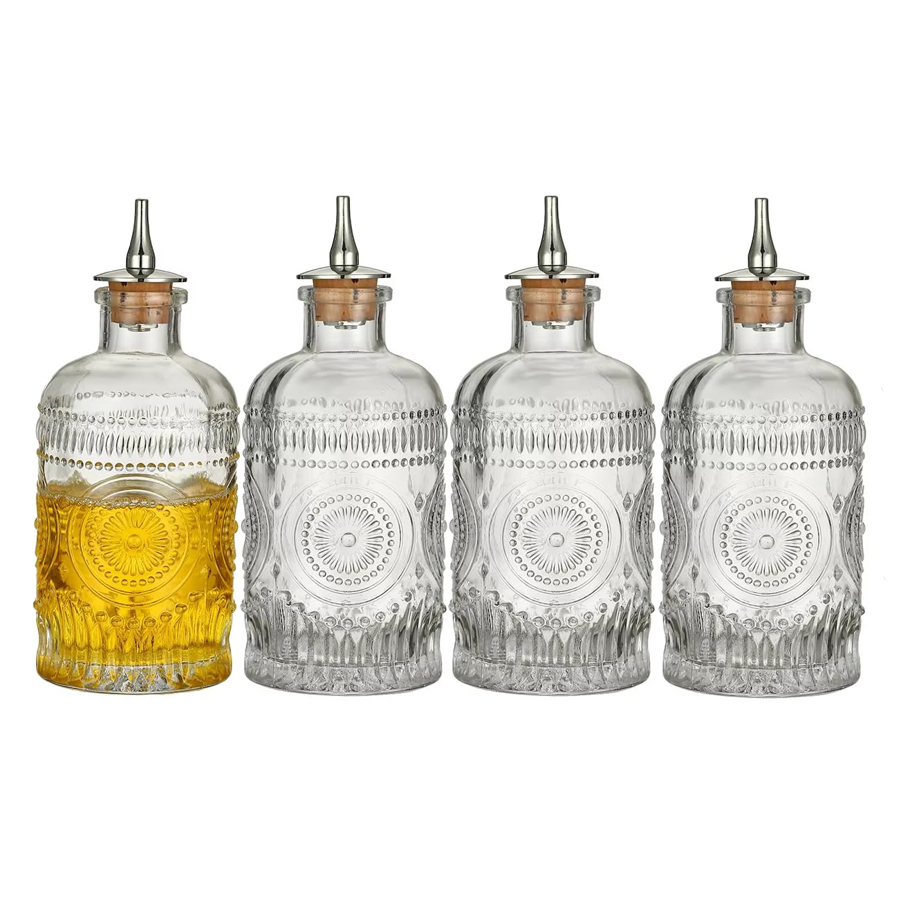 Photo 1 of Cocktail Geek Glass Bitters Bottles with Dasher Top, Set of 4, Vintage Pattern (Vintage 4pcs)