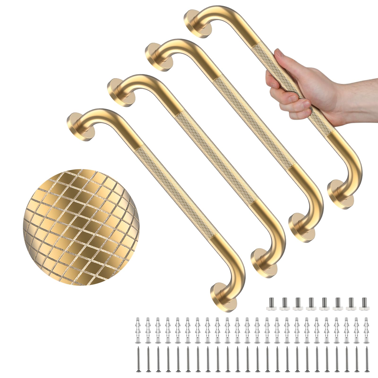Photo 1 of 4 Pack 16 Inch Shower Grab Bar, YuanDe Gold Bathroom Grab Bar Handle w/Anti-Slip Knurled Grip, Stainless Steel Bath Balance Bar, 1" Diameter Safety Hand Rail Support,Handicap Injury Elderly Senior