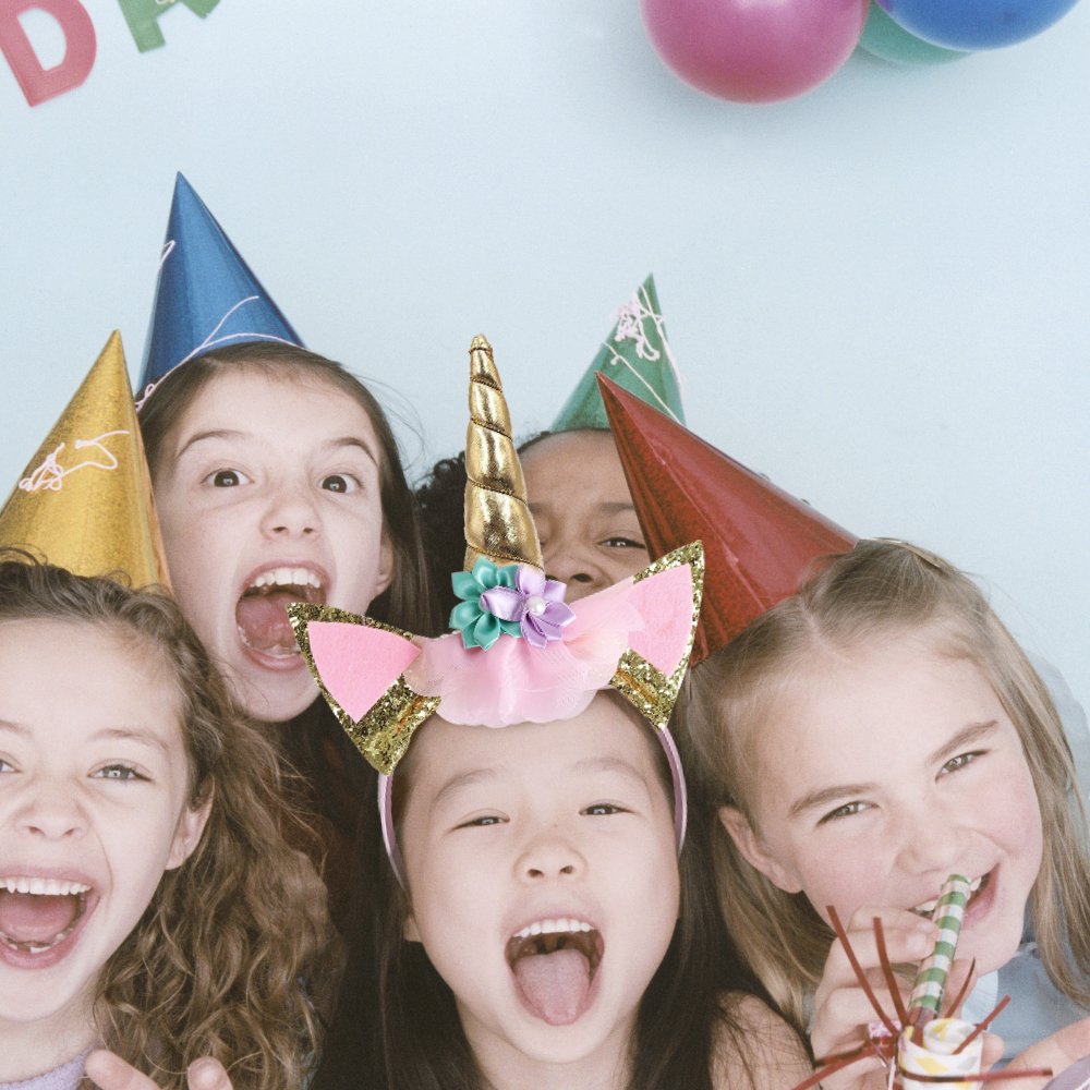 Birthday Party Decoration Kits 40 pcs Glitter Unicorn Headband,Gold Happy Birthday Banner,Foil Party Balloons, Headband for Kids Girls Birthday Party (Pink)