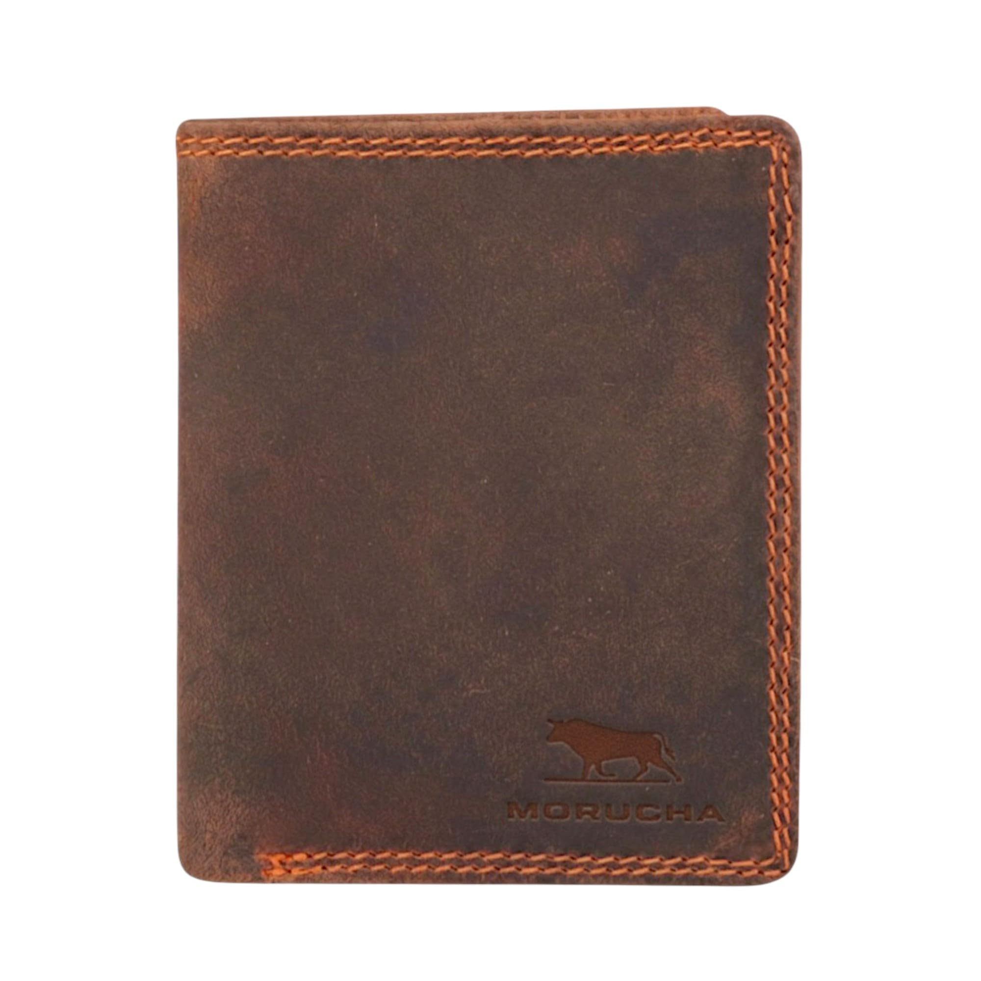 MORUCHA Small Genuine Distressed Leather Wallet for Men - Bifold Slim RFID Blocking Wallet - Zip Pocket & Id Window - Gift Boxed Compact Wallet #M45 (Rustic Brown)