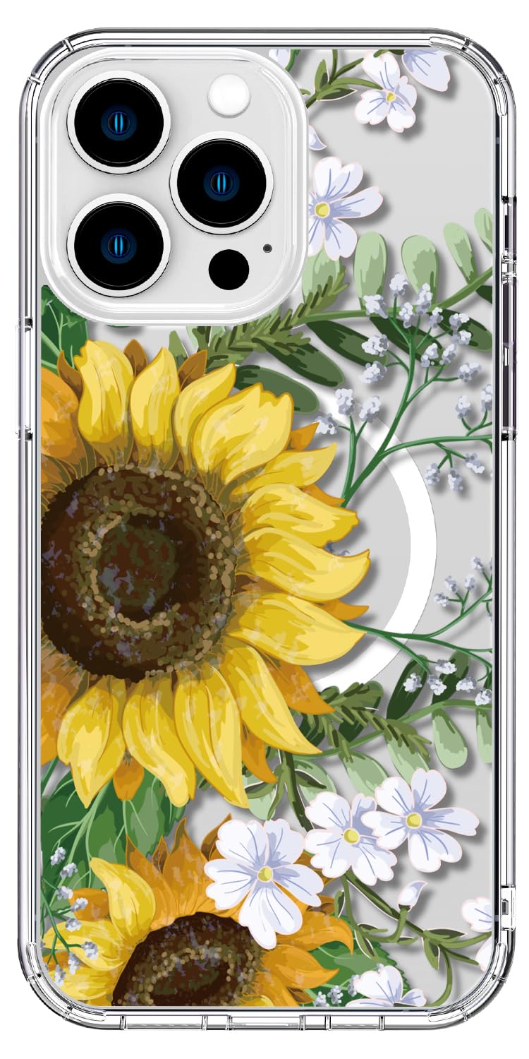 ICEDIO for iPhone 14 Pro Case with Screen Protector - Wireless Charging Compatible, Enhanced Camera Protection,Clear Cover with Trendy Floral Design for Women - Nice Sunflowers Floral