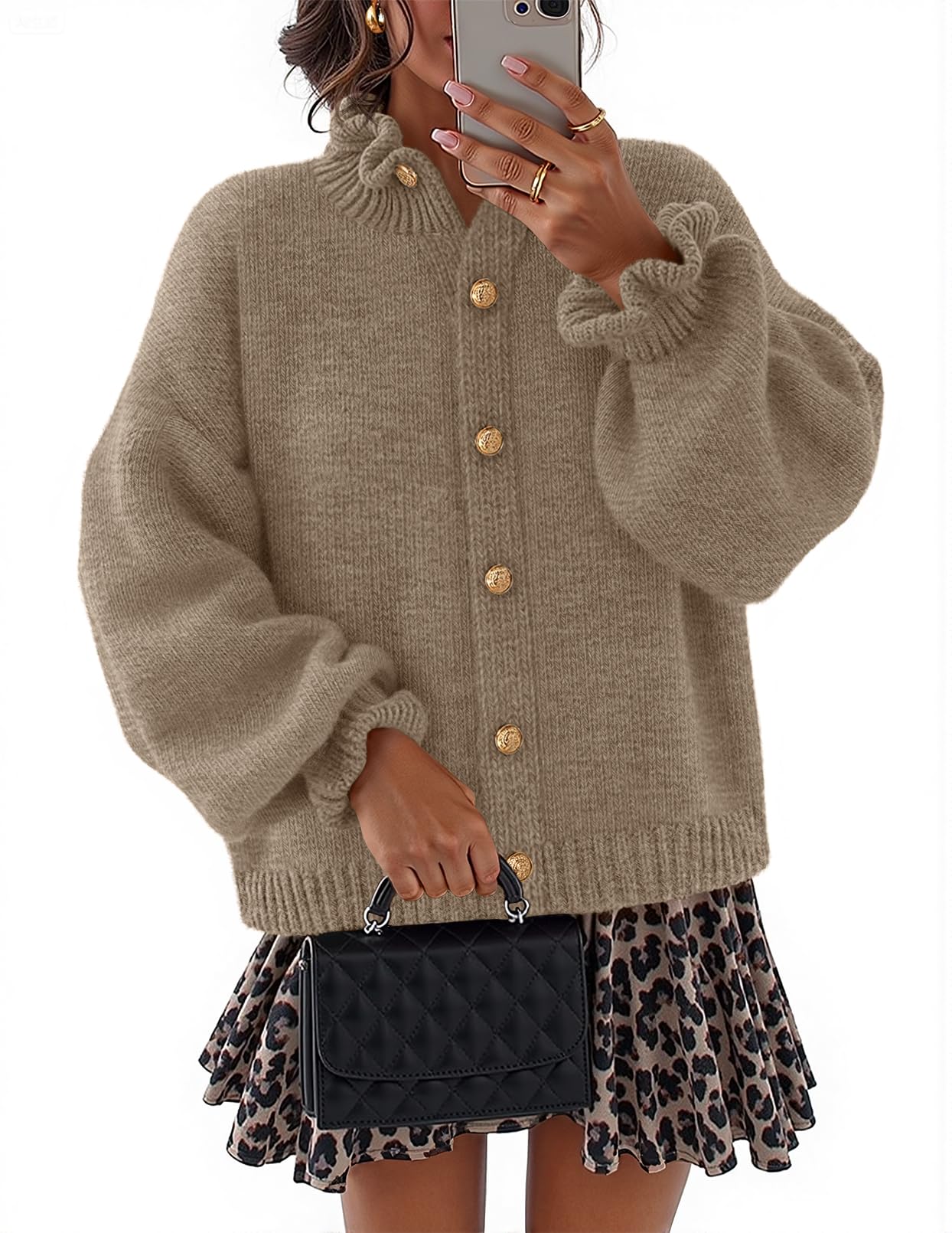 Photo 1 of MEROKEETY Women's Fall 2025 Chunky Cardigan Sweaters Trendy Ruffle Button Down Long Sleeve Casual Knit Coat Winter Clothes, Camel, Small