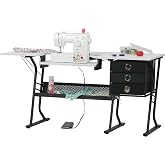 Sew Ready Eclipse Ultra Sewing Table, 60.25" Crafting &amp; Quilting Workstation with Adjustable Machine Shelf, Storage Drawers &amp; Metal Frame, Black/White