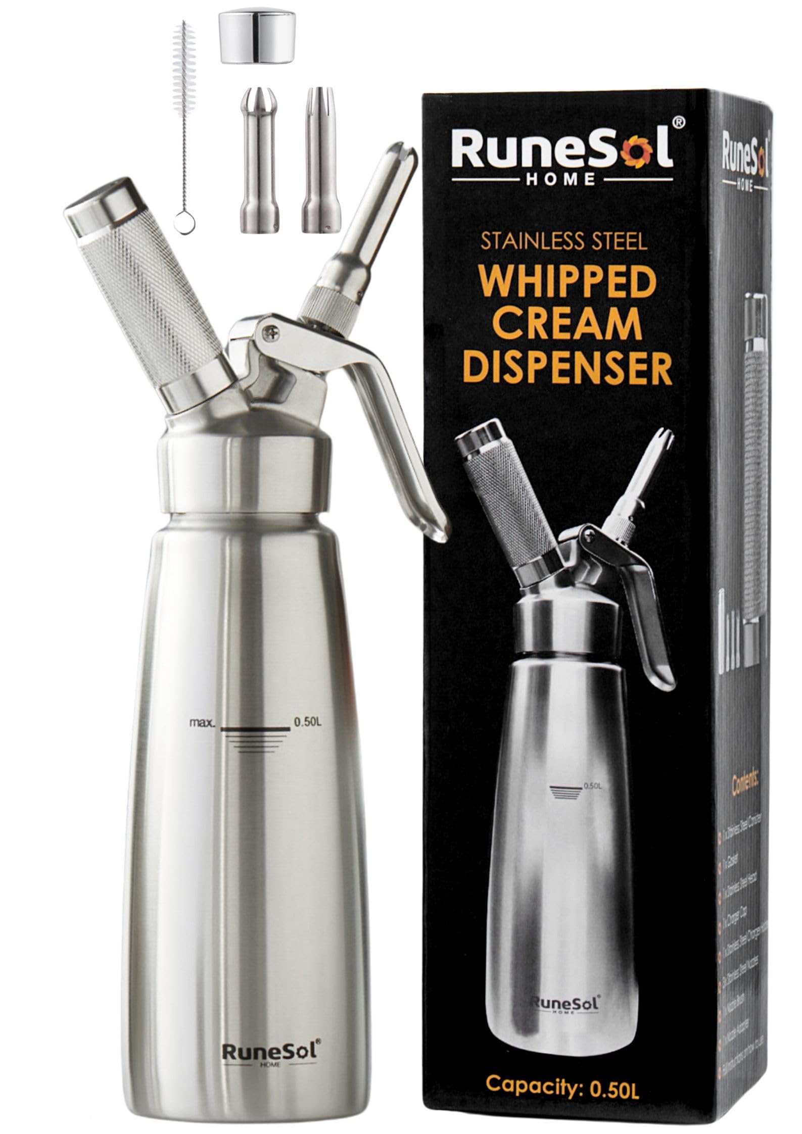 Runesol Professional Stainless Steel Whipped Cream Dispenser 500ml, Easy Clean Leak Free Cream Whipper with 3 Stainless Steel Nozzles, Chef Espuma Gun for Decorating Pastries and Desserts