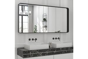 TETOTE 48 x 24 Inch Black Frame Mirror, Bathroom Vanity Mirror for Wall, Modern Rectangle Round Corner Matte Framed Mirror (Horizontal/Vertical)