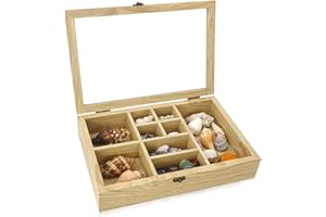 FramePro Rock Display Case, Crystal Display Shelf, Onyx Opal Stand Collection Box in 9 Different Sizes of Grids, Gem Holder with Real Glass Lid,Black