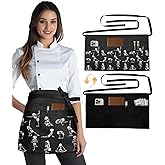 Slohif Reversible Server Apron 6 Pockets - Waist Apron for Waitress Women Half Serving Short Apron Waiter Kitchen Accessories