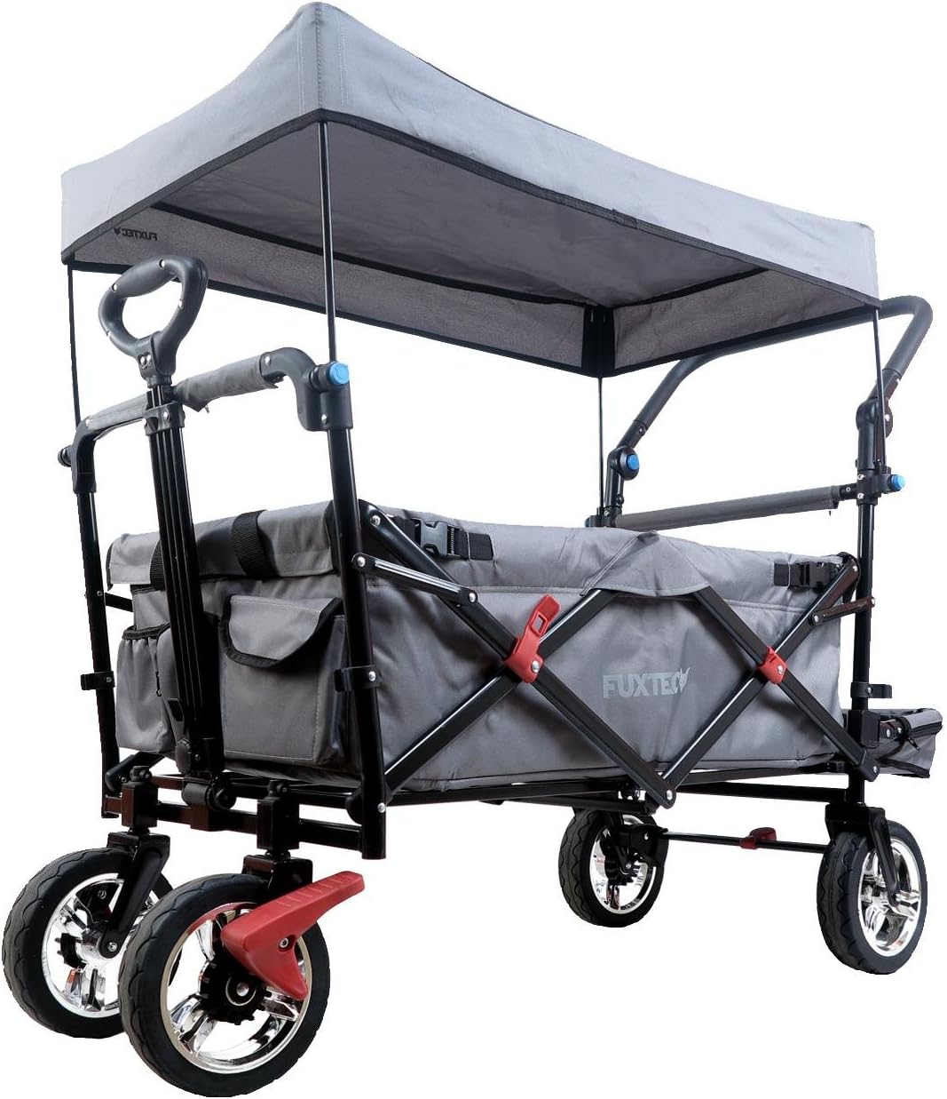 FUXTEC faltbarer Bollerwagen FX-CT800 grau klappbar mit Dach, Vorder- und Hinterrad-Bremse, Vollgummi-Reifen, Bügel,Innenraumverlängerung für extra lange Beine, für Kinder geeignet - Das Original !