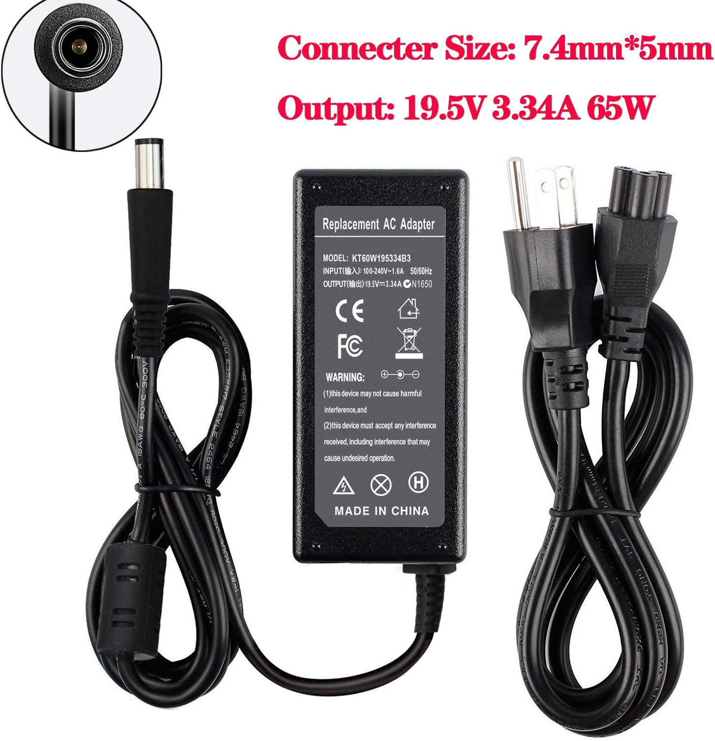 19.5V 3.34A 65W Laptop Charger Compatible with Dell Inspiron N4110 N7010 14 3421 14R 5421 15 3531 15R 5537 17 5748 17R 5721 Latitude E5430 E5440 E5530 E6330 E6430 E6530 E6540 E7440 AC Adapter