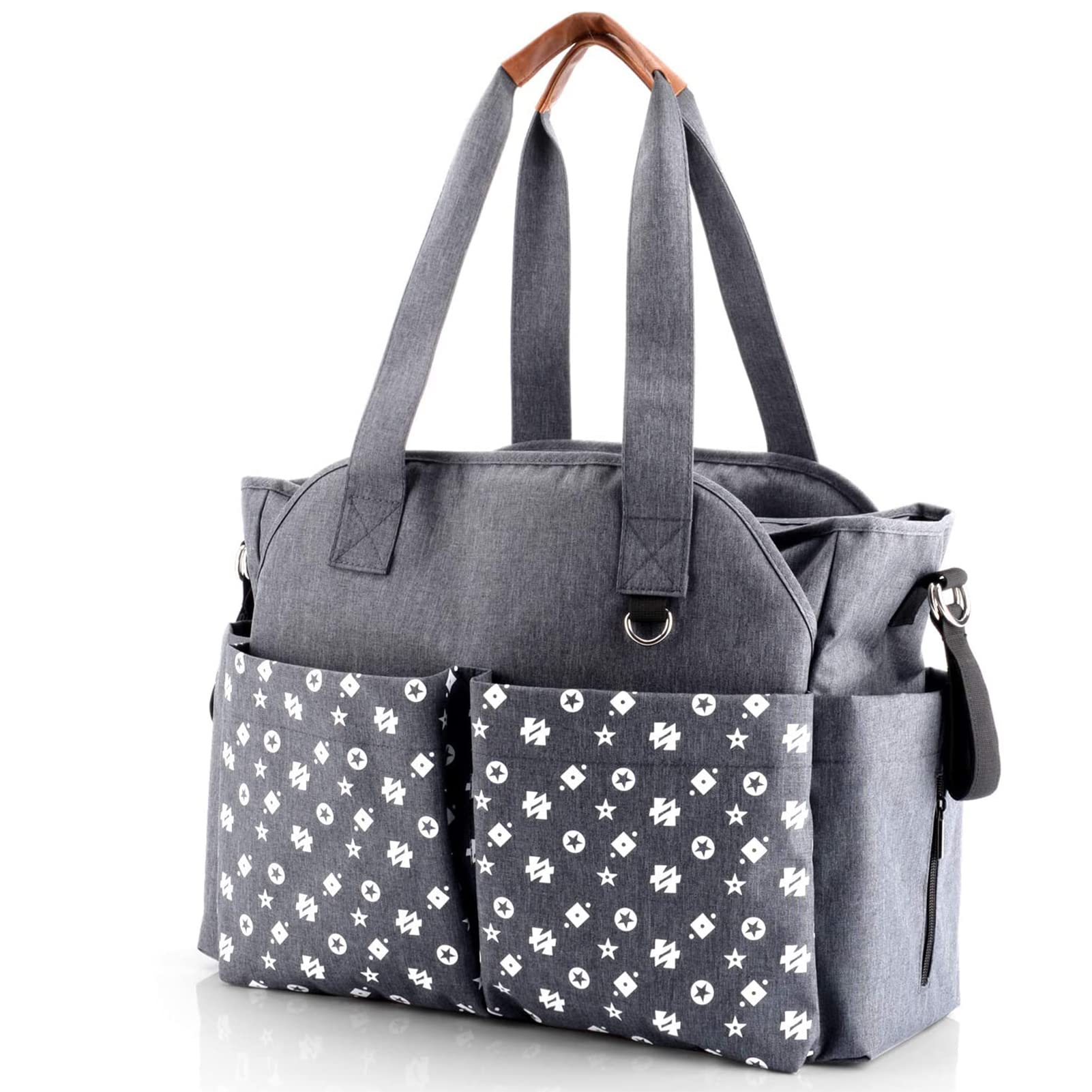 Homlynn Baby Nappy Changing Tote Bag Satchel Messenger Travel Diaper Weekender Bag w/Pram Straps, 12 Pockets Large Storage Space for All Baby Accessories(Classic Grey)