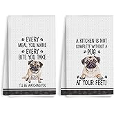 2Pcs Funny Dog Kitchen Towels 24x14 Inch, Cute Pug Waffle Weave Dish Towels for Kitchen Home Farmhouse, White Absorbent Microfiber Hand Tea Towel, Pug Gifts for Pug Lovers Women