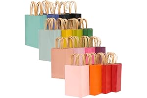 qiqee 32-Packs Paper Bags with Handles Bulk 7.6"x4.75"x10.5" Medium Gift Bags 16 Different Senior Color Bags Multiple Uses (M