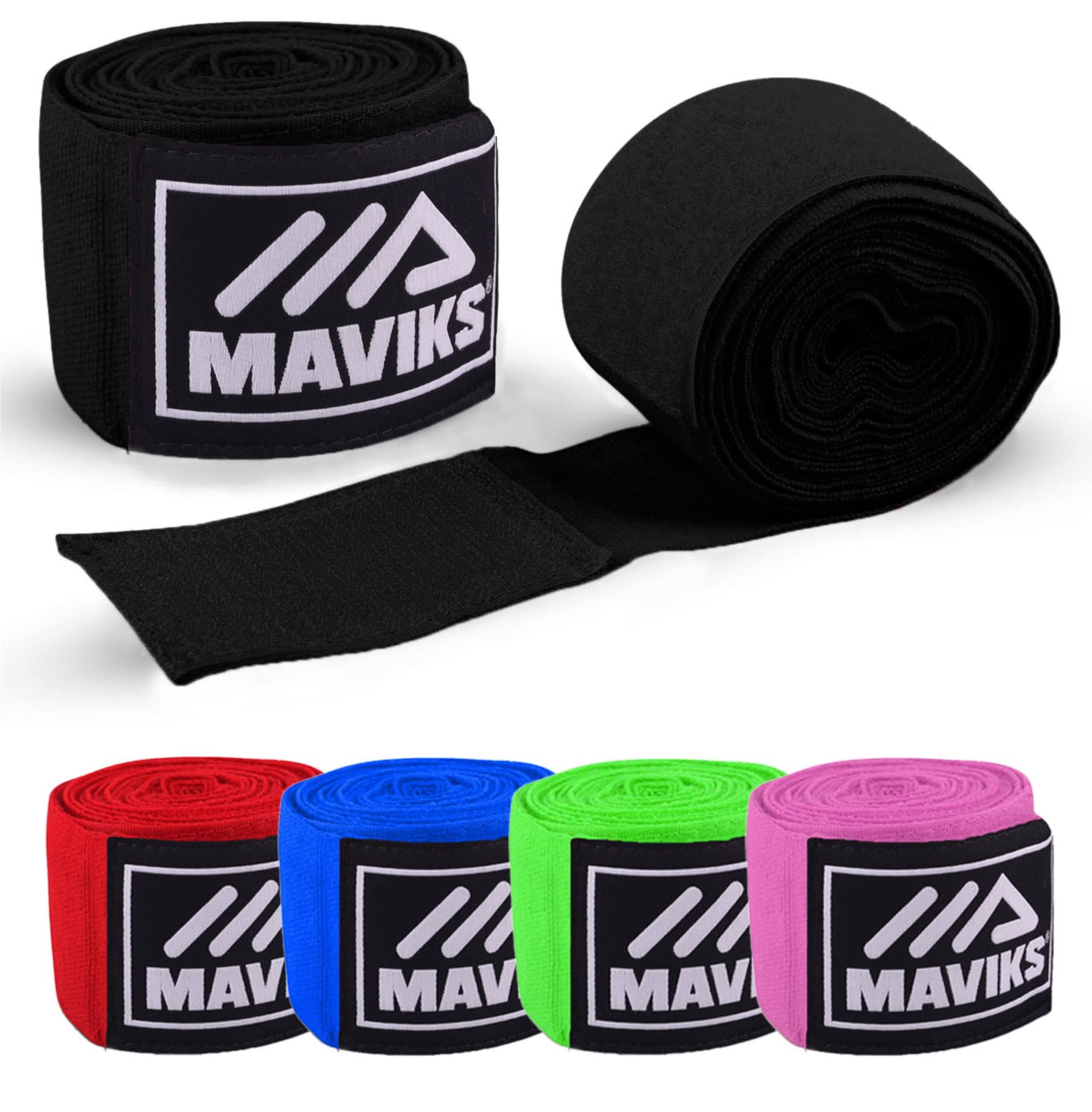 MAVIKS Boxing Hand Wraps 120 and 180 inch Bandages for Martial Arts Kickboxing Muay Thai MMA Training Sparring Men Women Inner Gloves Elastic Handwraps with Thumb Loop (Black, 180 Inches)