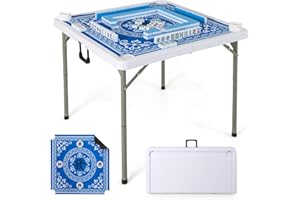 Giantex Folding Mahjong Table, 35" Square Card Table with Cup Holders, Removable Noise Reduction Mat, HDPE Tabletop, 4-Player Portable Domino Tables for Poker Blackjack Board Game (Blue)
