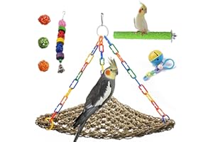 MUYG Bird Swing Toys,Parakeet Seagrass Mat,Edible Triangle Seagrass Hammock with Color Toys Handmade Woven Natural Grass Net Hanging on Parrot Cage for Budgies Lovebird Canary Cockatiel Finch Hamster