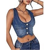 Floerns Women's Plus Size Button Down Denim Vest Sleeveless Scoop Neck Cropped Corset