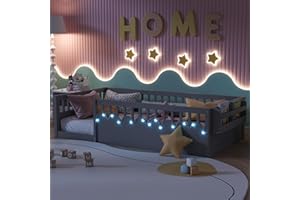 OYUMOENTS Twin Size Montessori Bed, Wood Twin Montessori Floor Bed with High Rails & Storage Shelf, Baby Floor Beds with LED Light for Boys & Girls, Gray