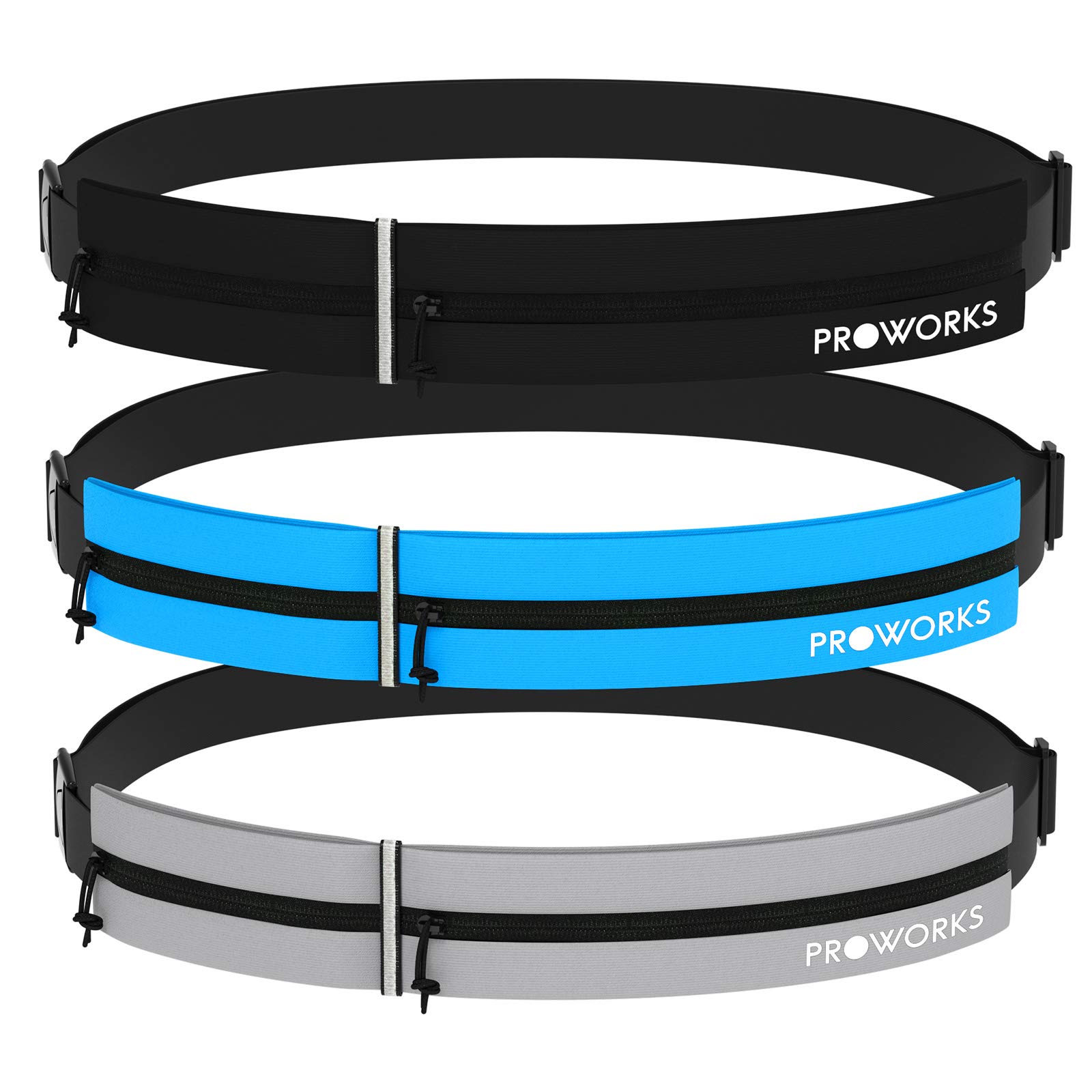 Proworks Sports Running Belt Bag with Adjustable Waist Strap, Twin Zipper Storage Pouch & Reflective Strip | Compatible with Most Phones Models - Black - Large - 34" - 53"