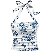 WDIRARA Women's Floral Print Halter Top Ruched Tie Backless Sleeveless Boho Crop Tops