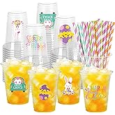 FYSUIMU 60Pcs Easter Disposable Plastic Cups with Lids and Straws 12oz Bunny Egg Rabbit Chick Truck Party Cups Cute Drinking Coffee Cup for Spring Easter Holiday Birthday Party Supplies